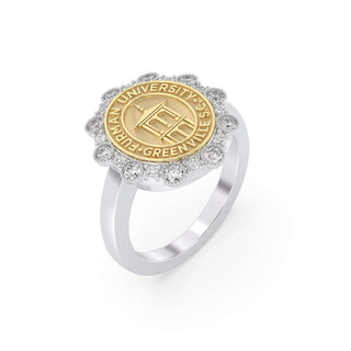 Furman University Class Ring | Ring with gold center and silver band on a white background