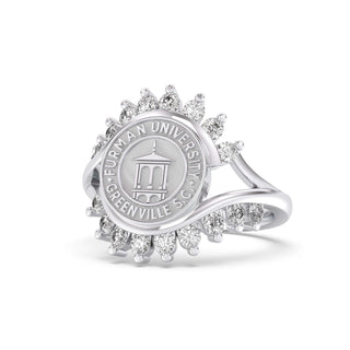 Furman University Class Ring | Silver ring with Furman University logo and diamonds on a white background