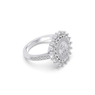 Furman University Class Ring | Silver ring with diamond accents on a white background