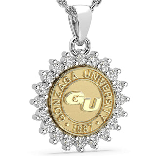 245 Prestige GU Necklace | Gonzaga University with halo of stones around gold seal.