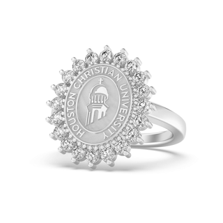 123 Tradition Houston Christian University Graduation Class Fan Ring | HCU displayed in silver with sparkling stones, symbolizing college achievement.
