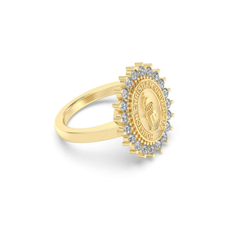 123 Tradition Houston Christian University Graduation Class Fan Ring | HCU displayed in 14K gold with sparkling stones, symbolizing college achievement.