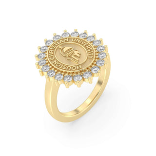 123 Tradition Houston Christian University Graduation Class Fan Ring | HCU displayed in 14K gold with sparkling stones, symbolizing college achievement.