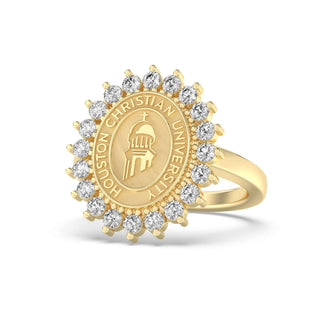 123 Tradition Houston Christian University Graduation Class Fan Ring | HCU displayed in 14K gold with sparkling stones, symbolizing college achievement.