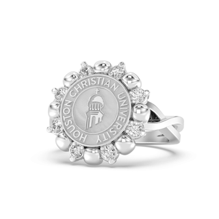 175 Unity Houston Christian University Graduation Class Fan Ring | HCU on a white background with a gold seal and halo of stones.