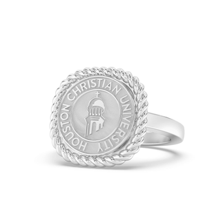 222 Classic Houston Christian University graduation class fan Ring | HCU showing gold design with official seal and rope halo.