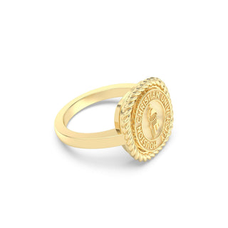 222 Classic Houston Christian University graduation class fan Ring | HCU showing gold design with official seal and rope halo.