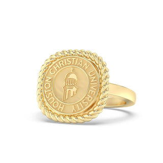 222 Classic Houston Christian University graduation class fan Ring | HCU showing gold design with official seal and rope halo.