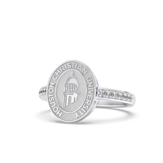 228 Vida Houston Christian University Graduation Class Fan Ring | HCU featuring gold and silver design with SMU seal.