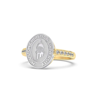 228 Vida Houston Christian University Graduation Class Fan Ring | HCU featuring gold and silver design with SMU seal.