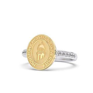 228 Vida Houston Christian University Graduation Class Fan Ring | HCU featuring gold and silver design with SMU seal.