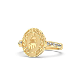 228 Vida Houston Christian University Graduation Class Fan Ring | HCU featuring gold and silver design with SMU seal.