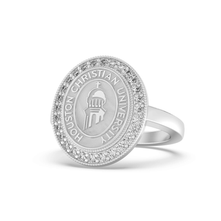 234 Pursuit Houston Christian University Graduation Class Fan Ring | HCU featuring a polished gold and silver design with a halo of stones.