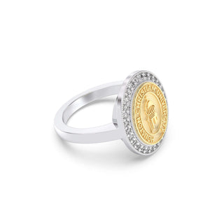 234 Pursuit Houston Christian University Graduation Class Fan Ring | HCU featuring a polished gold and silver design with a halo of stones.