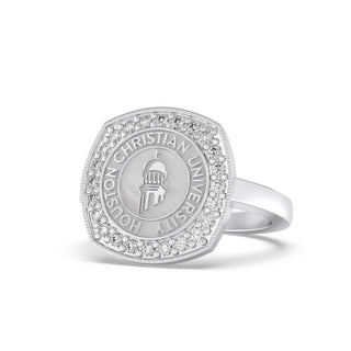 237 Luna Houston Christian University Graduation Class Fan Ring | HCU - modern class ring with squared halo design