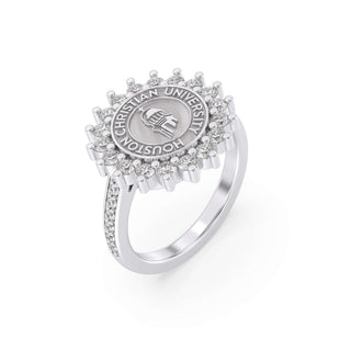 245 Prestige Houston Christian University graduation class fan Ring | HCU with halo stones and university seal design.