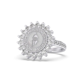 245 Prestige Houston Christian University graduation class fan Ring | HCU with halo stones and university seal design.