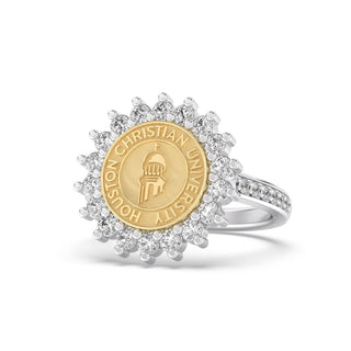 245 Prestige Houston Christian University graduation class fan Ring | HCU with halo stones and university seal design.