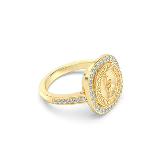 247 Milestone Houston Christian University Graduation Class Fan Ring | HCU featuring a gold emblem and diamond halo.
