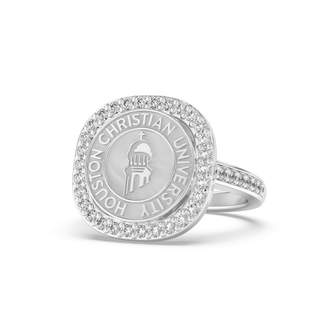 247 Milestone Houston Christian University Graduation Class Fan Ring | HCU featuring a gold emblem and diamond halo.
