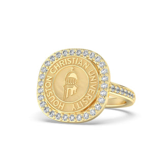 247 Milestone Houston Christian University Graduation Class Fan Ring | HCU featuring a gold emblem and diamond halo.