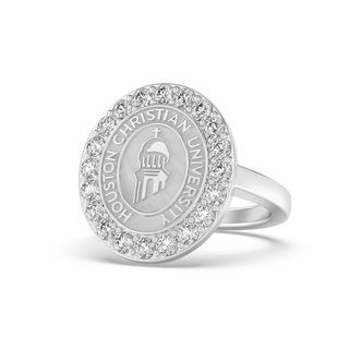 250 Triumph Houston Christian University Graduation Class Fan Ring | HCU ring featuring a prominent halo and HCU seal.