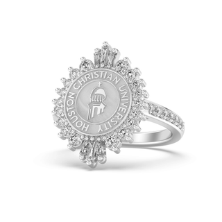 311 Honor Houston Christian University Graduation Class Fan Ring | HCU emblem and radiant side stones.
