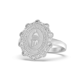 313 Blossom Houston Christian University | HCU graduation class fan ring featuring a unique floral design and elegant stone accents.