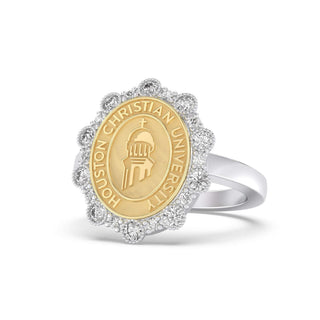 313 Blossom Houston Christian University | HCU graduation class fan ring featuring a unique floral design and elegant stone accents.