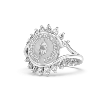 71 Fierce Houston Christian University Graduation Class Fan Ring | HCU featuring a white gold emblem and diamond accents.