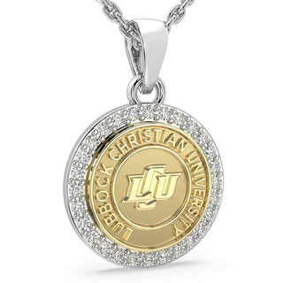 249 Eternity LCU Necklace | Lubbock Christian University with halo of stones and gold emblem.