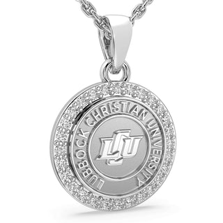 249 Eternity LCU Necklace | Lubbock Christian University with halo of stones around the seal.