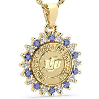 245 Prestige LCU Necklace | Lubbock Christian University with halo of stones and university seal.