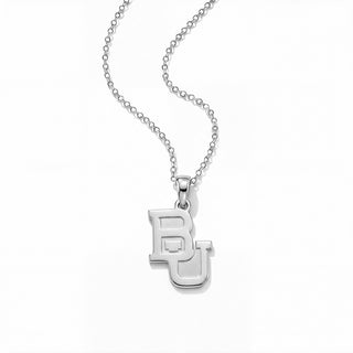 A silver pendant necklace featuring a stylized interlocking 'BU' monogram, suspended from a delicate silver cable chain against a clean white background.