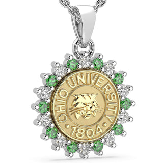 245 Prestige OU Necklace | Ohio University with halo of stones around the seal, symbolizing luxury for Ohio University fans.