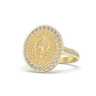 Southwest Texas State University Class Ring in 14k Gold | San Jose Jewelers SWT Graduation Ring With Diamonds