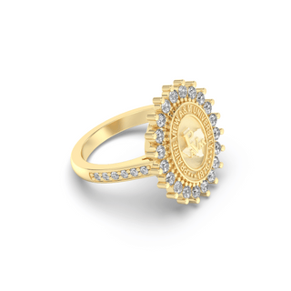 Yellow Gold graduation class ring with diamond accents featuring Prairie View A&M University logo on a white background