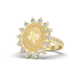 Customizable Prairie View A&M University Class Ring | Gold ring with Prarie View A&M University emblem and diamonds on a white background
