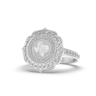 White gold ring with Prairie View A&M University graduation class ring on a white background