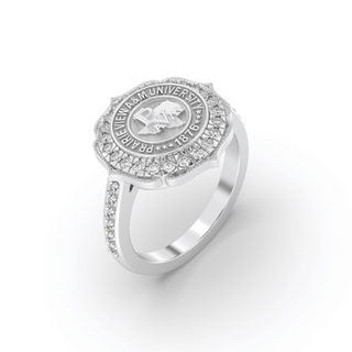 White gold ring with Prairie View A&M University graduation class ring on a white background