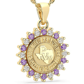 Gold pendant with purple and clear gemstones on a white backgroundGold pendant with purple and white stones on a white background | 245 Prestige PVTAMU Necklace | Prairie View A&M University