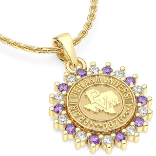 Gold pendant with purple and white stones on a white background | 245 Prestige PVTAMU Necklace | Prairie View A&M University