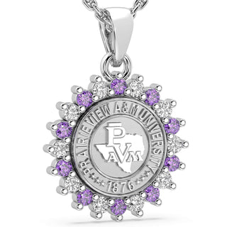 Silver pendant with purple gemstones and 'Prairie View A&M University' engraving on a white background | 245 Prestige PVTAMU Necklace | Prairie View A&M University