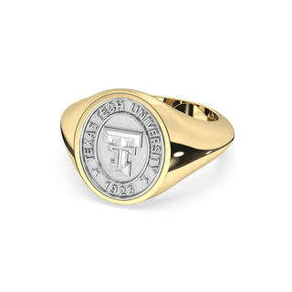 Yellow Gold Class ring with Texas Tech University emblem on a white background
