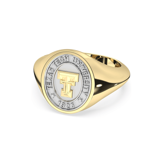 Yellow Gold Class ring with Texas Tech University emblem on a white background