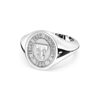 White Gold Class ring with Texas Tech University emblem on a white background