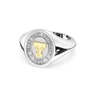 White Gold Class ring with Texas Tech University emblem on a white background