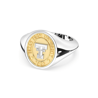 White Gold Class ring with Texas Tech University emblem on a white background