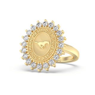123 Tradition Southern Methodist University Ring | SMU with gold and diamonds showcasing the university logo.