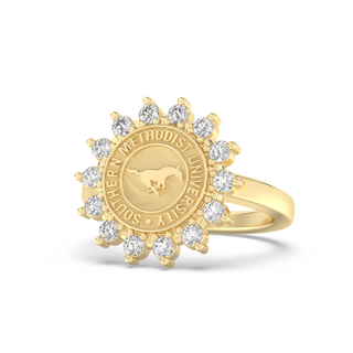 193 Cherish Southern Methodist University Ring | SMU with gold band and halo of sparkling stones.